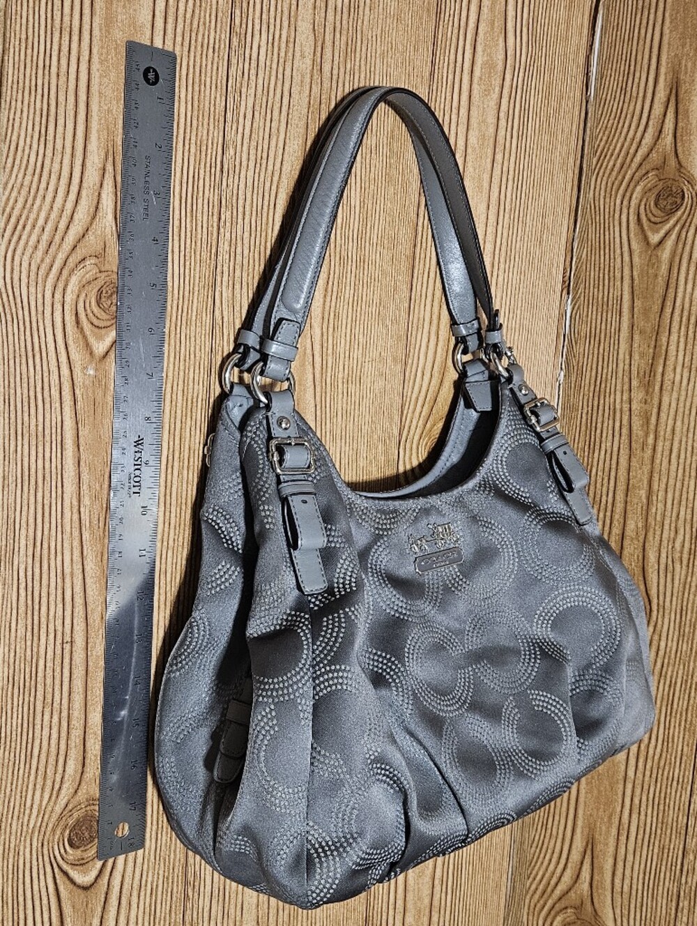 Coach Madison Gray Op Art Jacquard & Patent Leather Maggie Hobo Shoulder Bag - Picture 13 of 16